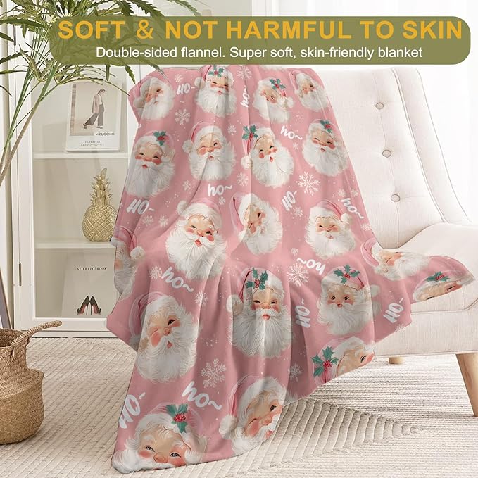 Christmas Decorative Blanket, Vintage Santa Face and Snowflake Print Throw Decoration, Soft Flannel Winter Blankets for Couch Bed Sofa, Holiday Home Decor, Xmas Festival Gifts Pink 50x60 Inch
