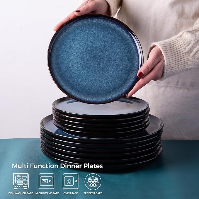 LERATIO Ceramic Dinner Plates Set of 6,10.5 Inch Reactive Glaze Porcelain Plates, Modern Shape Dinnerware Dishes Set for Kitchen,Microwave&Dishwasher&Oven Safe, Scratch Resistant-Blue