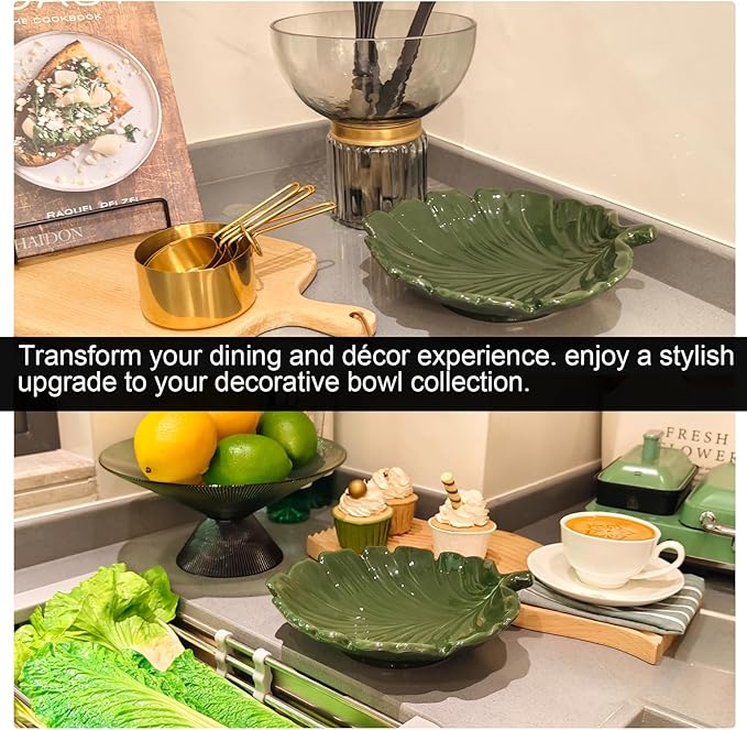Green Decorative Tray Small Palm Leaf Style for Entryway Table Ceramic Leaf Tray for Kitchen Decor Cocktail Table Decoration