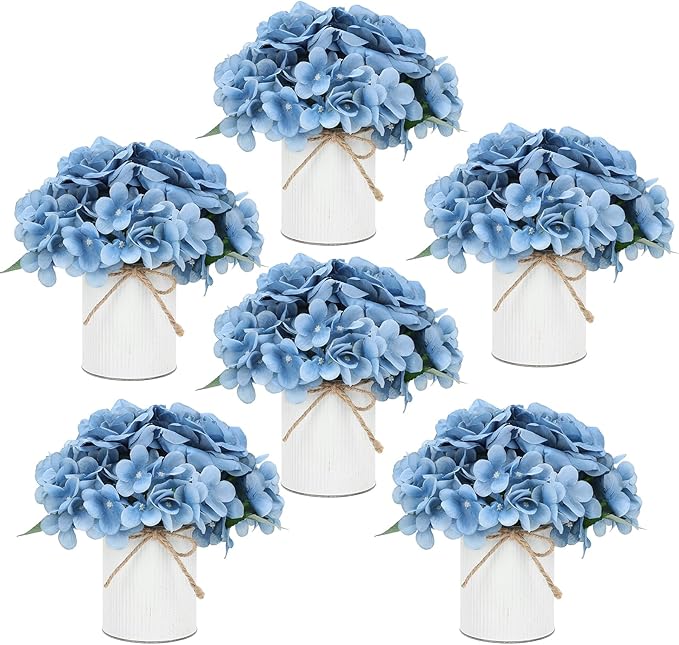 Flower Table Centerpieces - Set of 6 Floral Arrangement Artificial Wedding Hydrangeas Floral Arrangement with Rustic Metal Vase for Bridal Tea Party Event Decorations - Dusty Blue