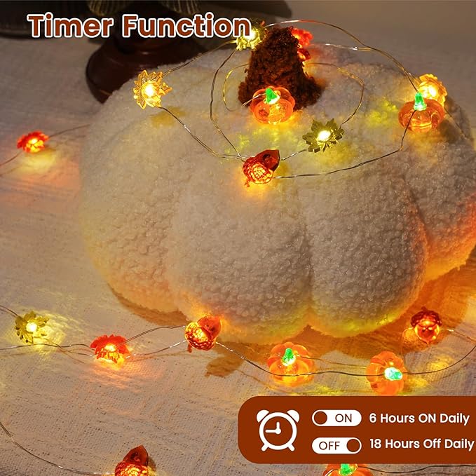 2 Pack 60LED Fall Decoration 3D Pumpkin Acorn Maple Leaf String Light Battery Operated, 20FT Fall Lights with Remote, Waterproof 8 Modes Fairy Lights for Autumn Harvest Thanksgiving Halloween Decor