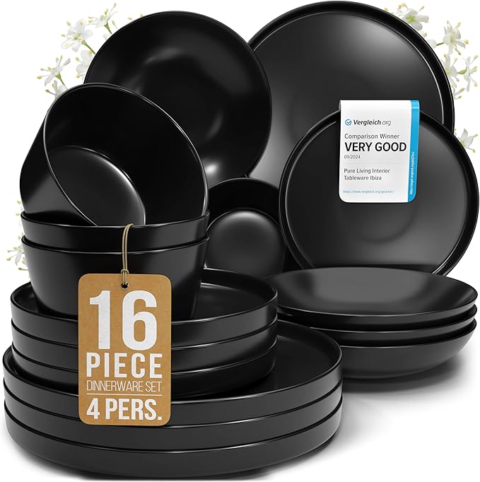Stoneware dinnerware set 4 persons 16 pcs – Matte black ultra chic plates and bowls set – Dishwasher and microwave safe – Bowl and plate set – Dinner service Pure Living