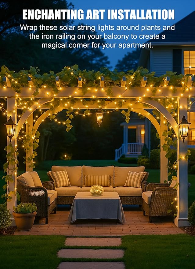 Minetom Solar String Lights for Outside, 33Ft 100 LED Outdoor Solar Fairy Lights, 8 Modes Balcony Lights for Tree Patio Christmas Party Wedding Decor (Warm White)