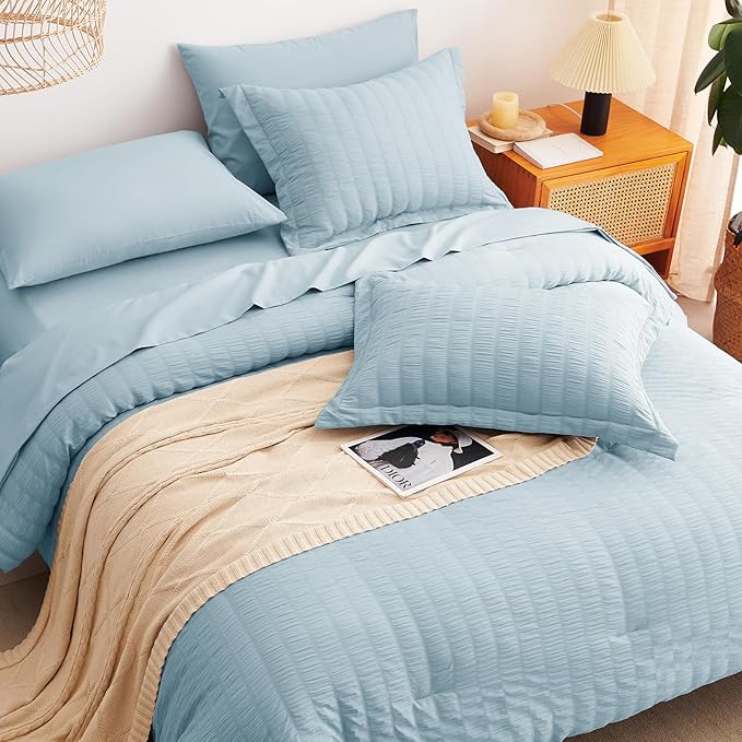 CozyLux Full Size Comforter Sets with Sheets Seersucker 7 Pieces Light Blue Bed in a Bag Textured Luxury Soft Bedding Set with Down Alternative Comforter, Sheets, Pillowcases & Shams for All Seasons