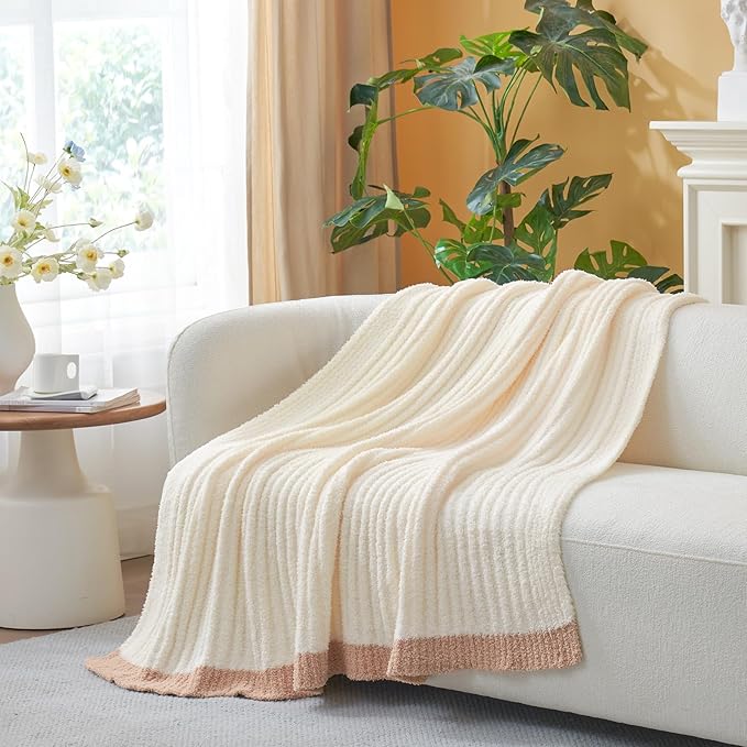 Snuggle Sac Soft King Size Blanket, Cozy Soft Fuzzy Microfiber Knit Stripe Bedding Blankets Bedspread, Cream, 108x90 inches