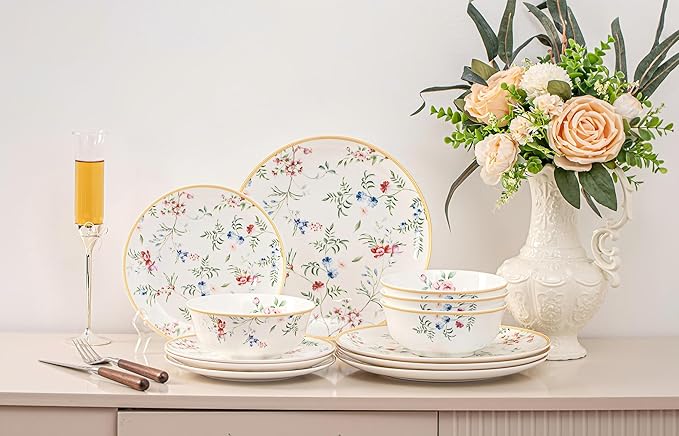 Bone China Plates and Bowels,12-Pieces Dinnerware Sets, Highly Chip and Crack Resistant, Dishwasher & Microwave Safe Dishes Set, Dense and Translucence