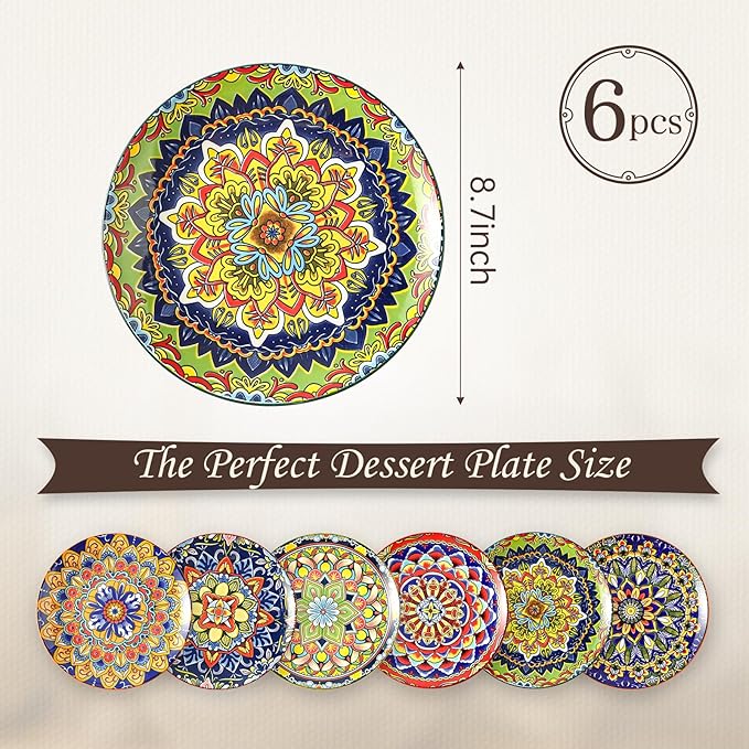 AHX Colorful Ceramic Plate Set of 6 – 8.7 Inch Bohemian Porcelain Plates for Serving Dessert, Appetizer and Salad – Microwave and Dishwasher Safe - Perfect for Party, Daily Meals and Gift Occasions