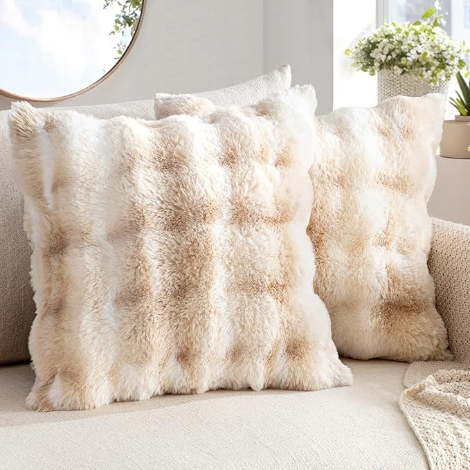 MIULEE Pack of 2 Decorative Pillow Covers Thick Soft Plush Faux Fur Throw Pillows Luxury Home Decor for Couch Bedroom Living Room Sofa,18x18 Inch White-Beige