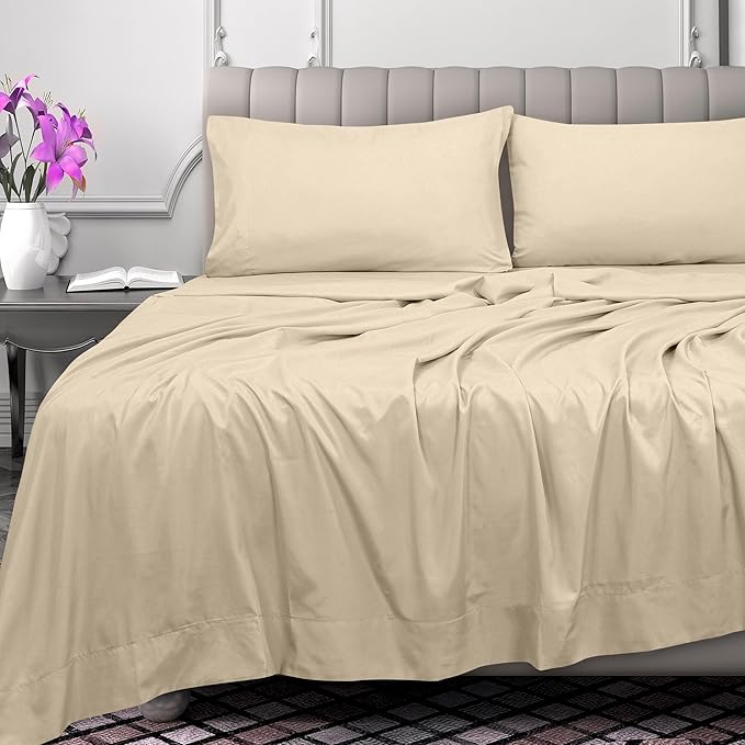 Royale Linens 300 Thread Count 100% Long Staple Combed Cotton Flat Sheet - Super Soft - Top Sheets - Full Flat Sheet Sold Separately - Breathable, Cool & Crisp Percale Sheets Only (Full, Cream)