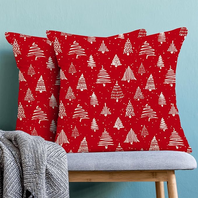 Christmas Pillow Covers 18 x 18 Inch, Red Cream Christmas Tree Decor Throw Pillows for Home Couch Bed, Winter Xmas Snowflake Holiday Decorative Pillowcase Linen Cushion Cover Set of 2