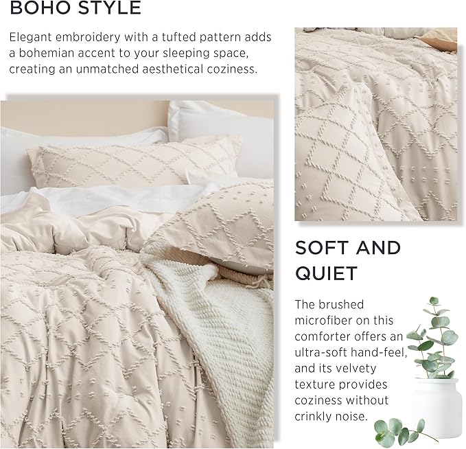 Bedsure Oversized King Comforter Set - Beige Comforter, Boho Tufted Shabby Chic Bedding, 3 Pieces Vintage Farmhouse Bed Set for All Seasons, Fluffy Soft Bedding with 2 Pillow Shams