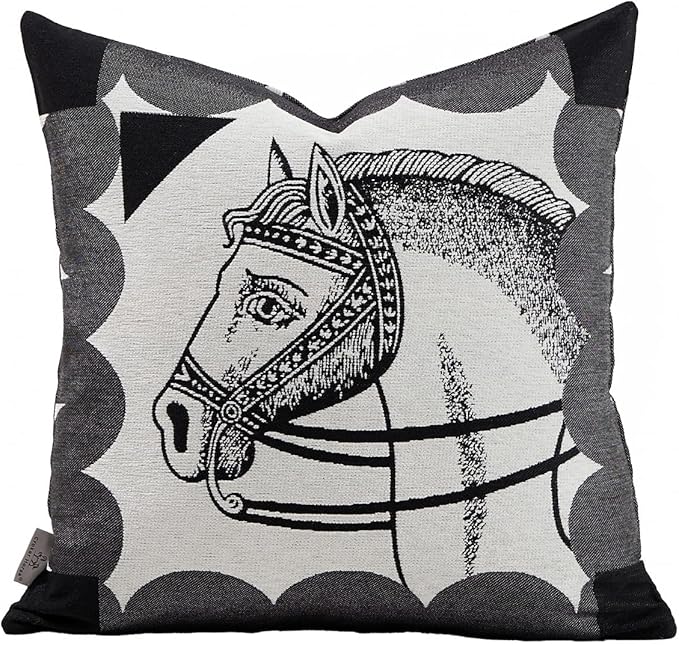 Premium Throw Pillow Covers 22x22 Inches - Black Elegance Palace Horse Chenille Jacquard Embroidery Decorative Couch Pillow Covers for Living Room Bedroom Sofa Home Décor