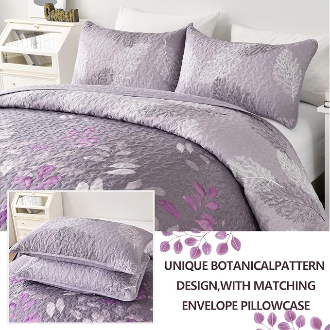 WONGS BEDDING Purple Floral Quilt Set King Size, 3 Pieces Botancal Leaves Bedspread Coverlet Set with 2 Pillowcases for All Season, Soft Microfiber Floral Bedding Set 104"×90"