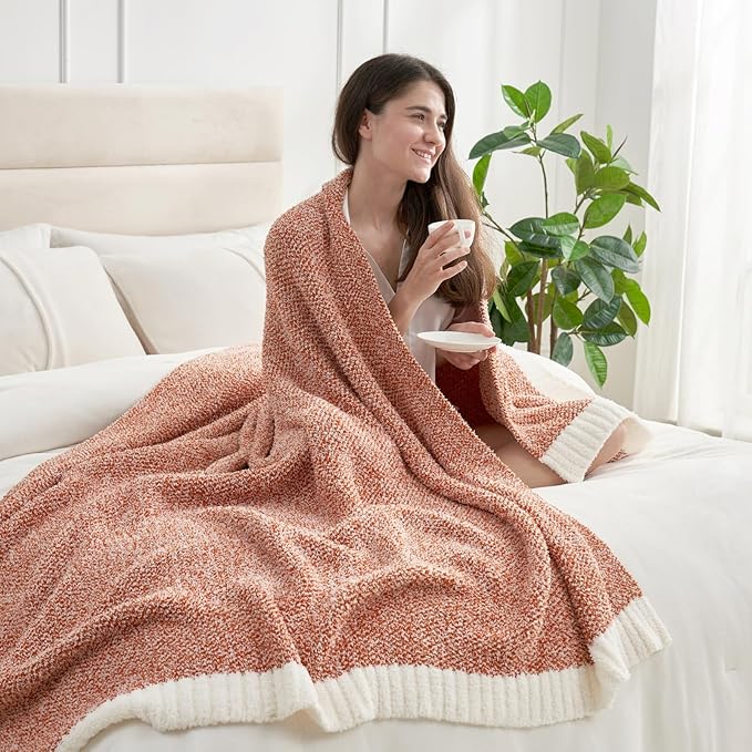 Snuggle Sac Orange Fall Blanket Twin Size, Oversized Soft Warm Cozy Knit Bedding Blanket, Luxurious Microfiber Blankets for Bed, Orange, 60x80 inches