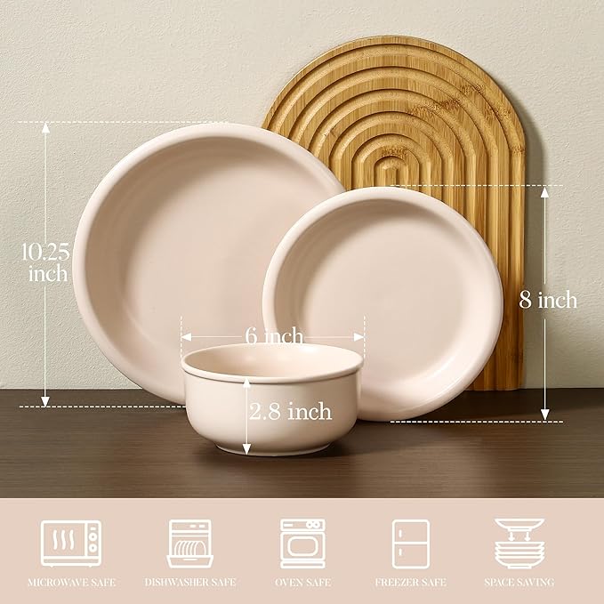 GZG Vintage Series - Ceramic Dinnerware Set for 2, 6 Pieces Stoneware Plates and Bowls Set, Lead-Free, Handcrafted Dishes Set, Microwave & Dishwasher Safe - Cream White