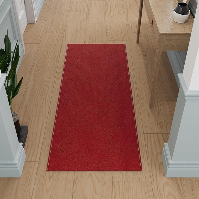 Ottomanson 2'7" x 7' Ultra-Thin Hallway Runner Rug - Durable Non-Slip Carpet for High-Traffic Areas - Fits Under Doors for Seamless Entry - Ideal for Kitchen, Entryway, Bedroom & Living Room, Red