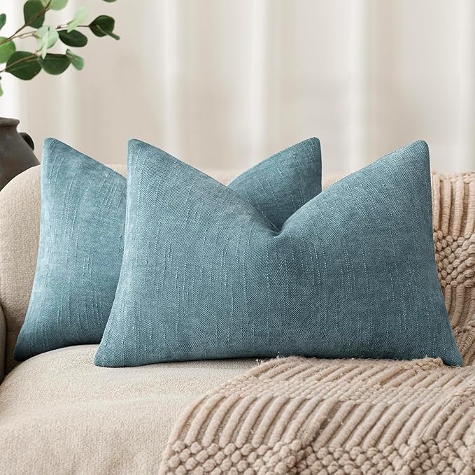 Foindtower Pack of 2 Soft Textured Chenille Throw Decorative Pillow Covers Square Accent Solid Cushion Cover Neutral Lumbar Pillow Case for Couch Sofa Bedroom Living Room 12x20 Inch,Light Blue