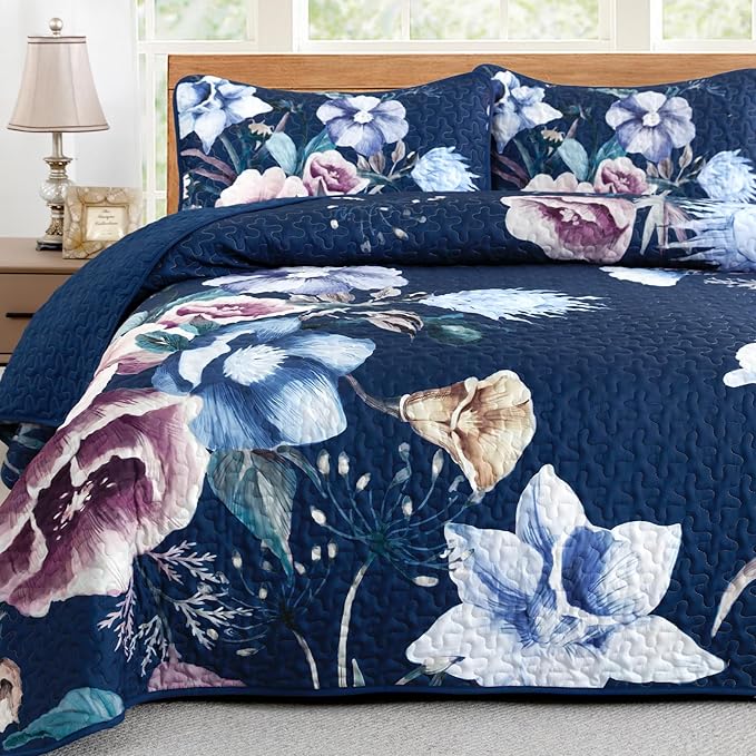 Drucon Blue Floral Quilt Set King Size 3 Pieces Blue Botanical Flower Quilt Coverlet Set Soft Microfiber Lightweight Quilted Bedspread for All Season 104"x90"