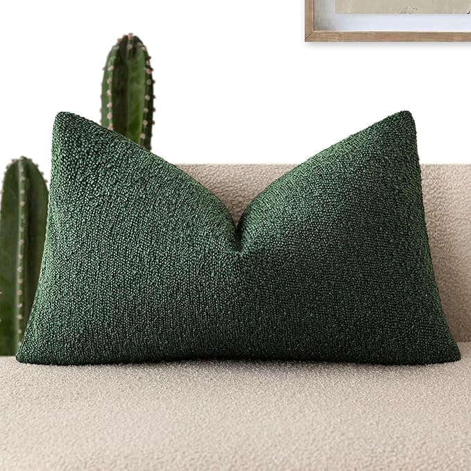 Foindtower Decorative Textured Boucle Throw Pillow Covers Accent Solid Lumbar Pillow Cases Neutral Cozy Couch Cushion Case for Chair Sofa Bedroom Living Room Home Decor 12x20 Inch,1PC,Pine Green