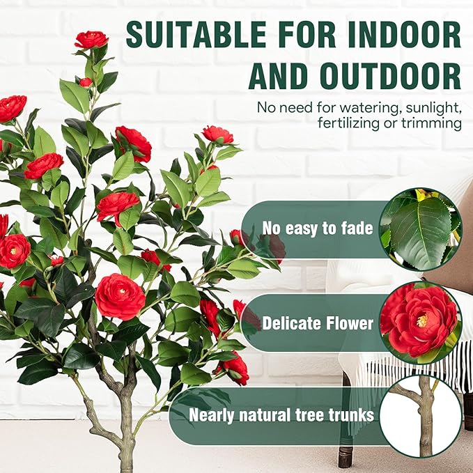 Artificial Camellia Tree 5FT, Red Flower Tree in White Pot, Faux Outdoor Indoor Plant, Potted Artificial Flower for Home Office Housewarming Porch Decor (61'' Height)