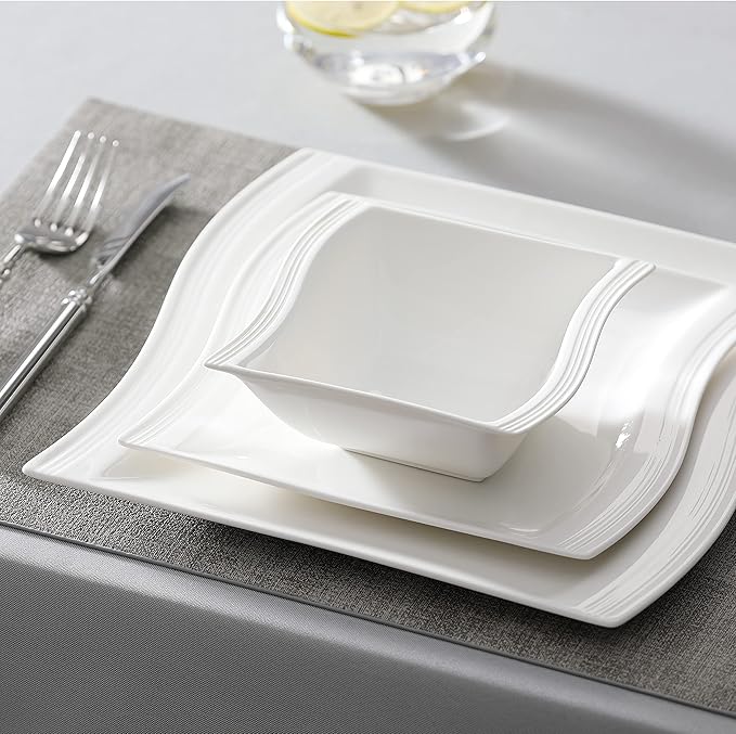 MALACASA Plates and Bowls Sets, 26 Pieces Ivory White Porcelain Dinnerware Sets without Mugs, Square Dinnerware with Dinner Plates, Bowls and Serving Platters, Modern Dish Set for 6, Series Flora