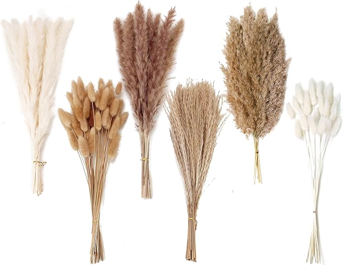 Dried Pampas Grass Decor, 120 PCS Pampas Grass with Bunny Tails Dried Flowers, Reed Grass Bouquet for Wedding, Boho Flowers, Home Table Decor, Rustic Farmhouse Party (White and Brown)