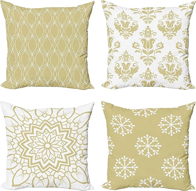 Ambesonne Retro Throw Pillow Cushion Case Pack of 4, Trellis Grid Medieval Floral Damask Mandala Flower Ornament in Modern Monochrome, Modern Accent Double-Sided Digital Printing, 20", Pale Khaki