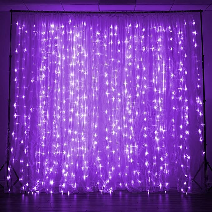 Dazzle Bright Curtain String Lights, 300 LED 9.8ft x 9.8ft 8 Lighting Modes Fairy Lights USB Powered, Waterproof Lights for Halloween Christmas Party Wedding Outdoor Indoor Wall Decorations (Purple)