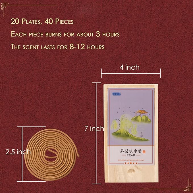 Natural Aisan Coils Incense,40 Pieces Fine Quality Insence for Purification, Relaxation, Positivity, Yoga, Meditation -Pear Insense