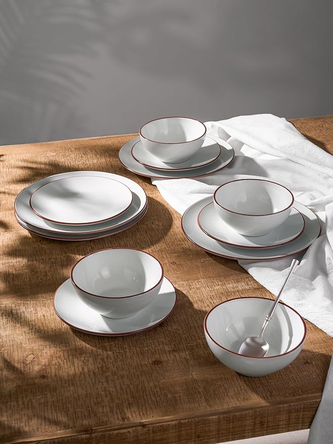 Famiware Venus Plates and Bowls Sets, 24 Pieces Stoneware Dinnerware Sets, Speckled Dishes Set for 6, Microwave and Dishwasher Safe, White