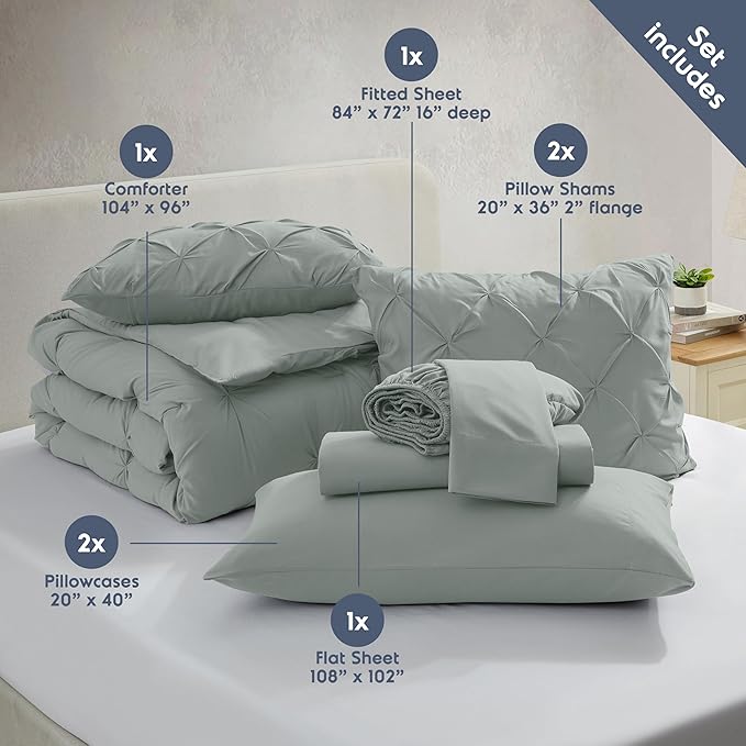 Nestl California King Comforter Set 7 Piece - Pintuck Cal King Comforter Set Sage Green, California King Bed in a Bag, All Season Bed Set with Flat Sheet and Fitted Sheet, Pillowcases and Shams