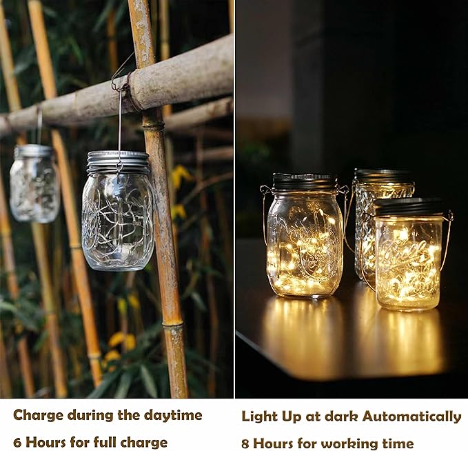 Decorman Solar Mason Jar Lid Lights, 6 Pack 10 LED Waterproof String Fairy Star Firefly Jar Lids Lights for Patio Garden Yard Lawn Party Wedding Christmas Decoration(Jars & Hangers Not Included)