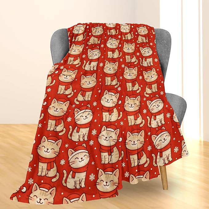 Christmas Cat Blanket, Soft Lightweight Flannel Cute Cats in Santa Hats with Snowflake Throw Blanket for Couch, Bed, Travel & Decor Gifts, Cozy Warm Fuzzy Holiday Blankets for Women Girls 80×60 in