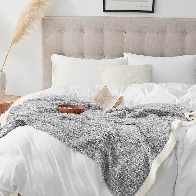 Snuggle Sac Ribbed King Size Blanket for Bed, Cozy Soft Fuzzy Microfiber Knit Stripe Bedding Blankets, Grey, 108x90 inches
