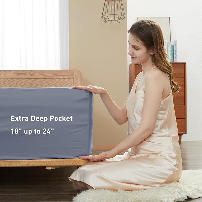 Sunflower Queen Fitted Sheet, 1-Piece Extra Deep Pocket Fitted Bottom Sheet 22", 100% Cotton Sateen Soft Breathable, Stone Blue