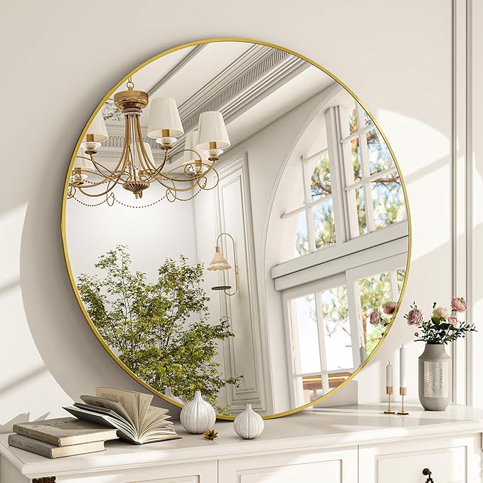 Round Mirror Wall Mounted Mirror - 30" Circle Mirror Bathroom Vanity Mirror with Aluminum Frame for Bedroom Living Room, Entryway Decor Gold Mirror