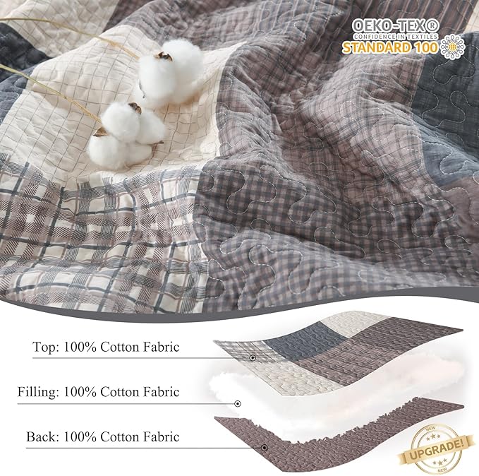 Quilts King Size - Plaid Design Modern Quilt Set with Matching Shams, 3 Pieces 100% Cotton King Quilt Bedding Set, Reversible Bedspread Coverlet for All Season, Gray/Brown/Beige