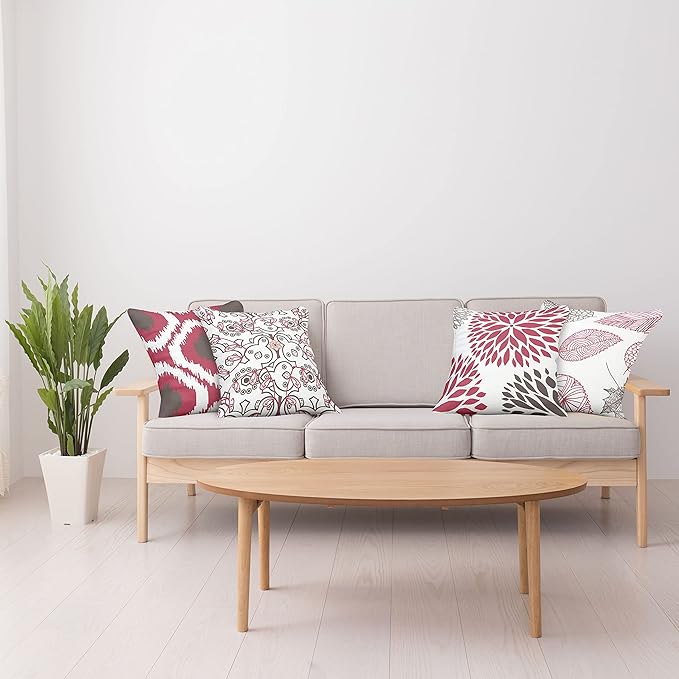 Ambesonne Vintage Throw Pillow Cushion Case Pack of 4, Bohemian Ornamental Leaves Dahlia Pattern Geometric Art Curlicue Motif, Modern Accent Double-Sided Digital Printing, 24", Raspberry Taupe White