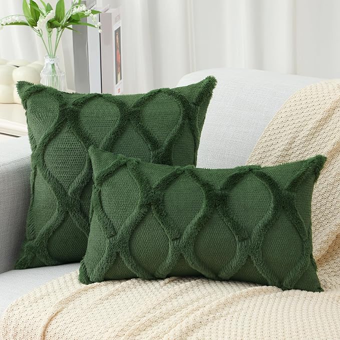 decorUhome Christmas Throw Pillow Covers 16x16 Inch Set of 2, Soft Plush Faux Fur Wool Forest Elf Couch Pillow Covers, Decorative Neutral Pillow Cases for Bed Sofa Living Room Home Decor