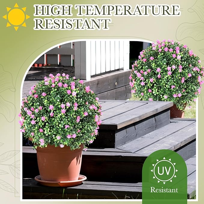 Yunlly Set of 2 Artificial Boxwood Topiary Ball Tree Fake Bushes Shrubs Outdoor Faux Plant with Ground Spike Flowers UV Resistance Greenery for Front Porch Garden Patio Indoor(Light Pink,27x18inch)