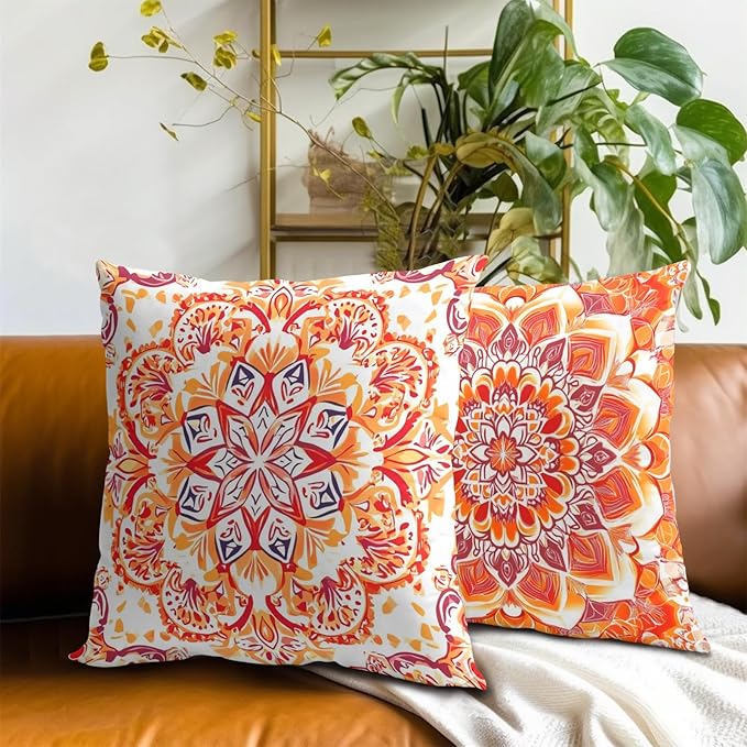 Boho Throw Pillow Covers 18x18 - Orange Floral Pillow Covers Set of 2 Bohemian Pillowcase Botanical Flowers Blossom Cushion Case for Sofa Bed Couch Home