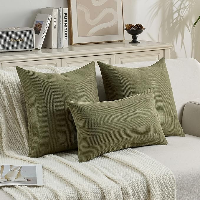 FUTEI Moss Green Chenille Throw Pillow Covers 12x20 Inch Set of 2,Soft Wide Chevron Textured Lumbar Pillow Cases,Farmhouse Home Decor for Couch Living Room
