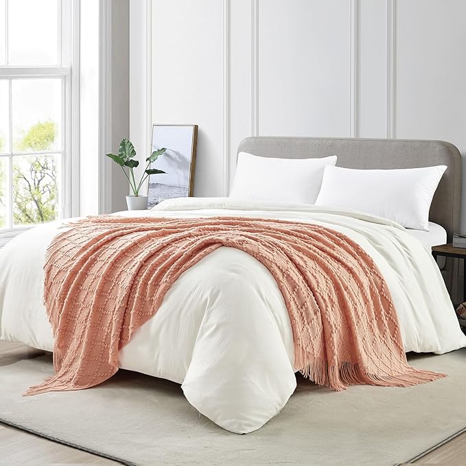 BOURINA Orange Throw Blanket 50 x70 Inches Jacquard Argyle Throw Textured Solid Soft Throws and Blankets for Sofa or Bed Knitted Decorative Blanket