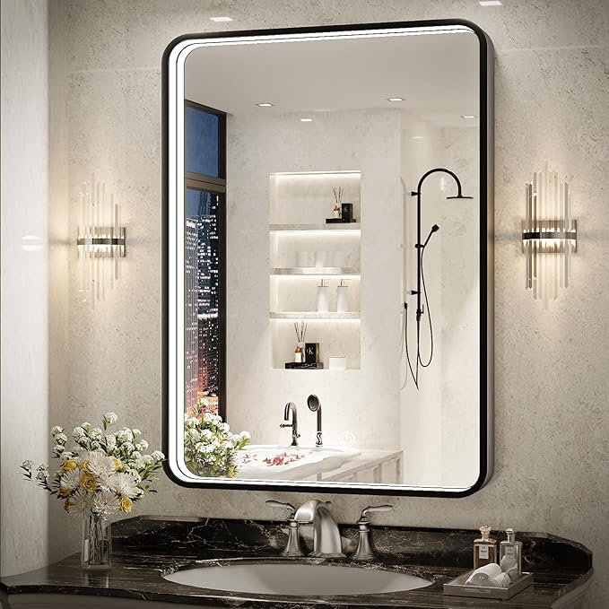 36x24 Inch LED Bathroom Mirror with Lights, Black Metal Frame Mirror, Wall Mounted Lighted Vanity Mirrors for Wall, Anti Fog Dimmable Led Mirror for Makeup
