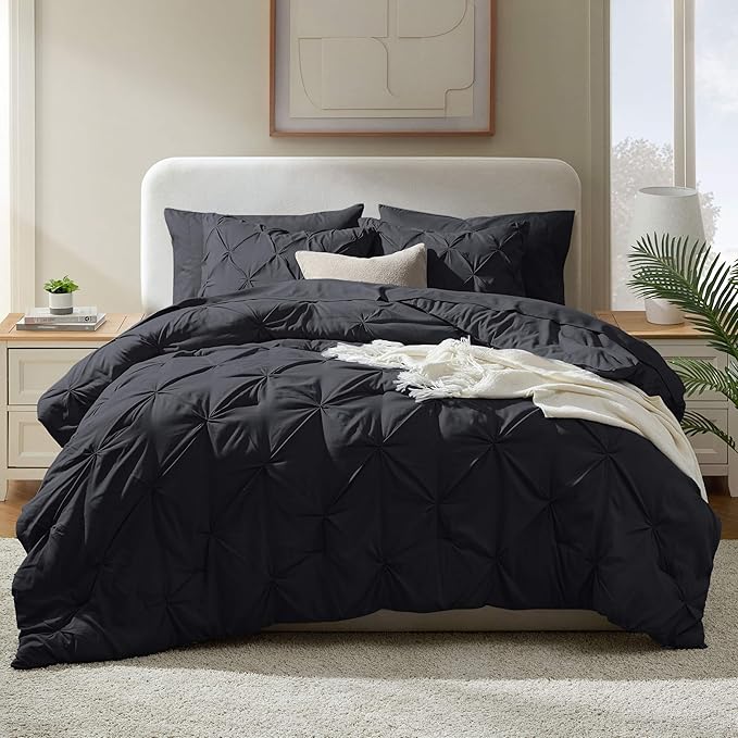 Nestl Queen Comforter Set 7 Piece - Pinch Pleated Comforters Queen Size Black, Bed in a Bag Queen All Season, Queen Size Comforter Sets Bedding with Flat Sheet and Fitted Sheet, Pillowcases and Shams