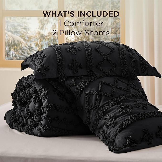 Bedsure Tufted Boho Comforter Set King Size - Black Boho Bed Set, GentleSoft™ 3 Pieces Farmhouse Shabby Chic Embroidery Bedding, Gifts for Woman, Soft Jacquard King Comforter for All Seasons