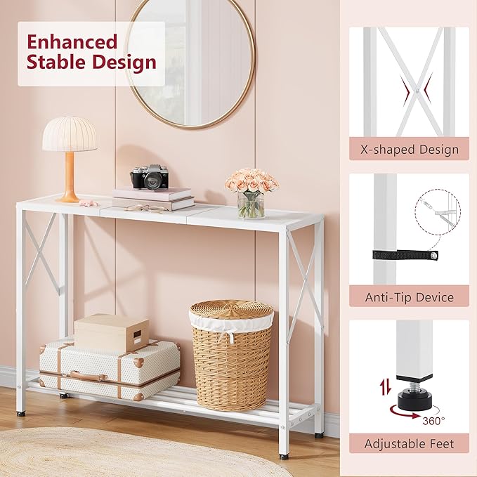 Tajsoon Console Table 41.8”, 2-Tier Entryway Table Narrow Sofa Table with Shelves, Entrance Table with Stable X-Frame, for Entryway, Hallway, Living Room, Foyer, Corridor, Office, White
