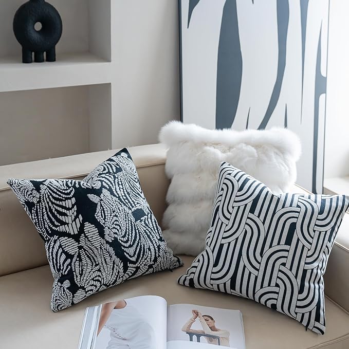Premium Throw Pillow Covers 20x20 Inches - Art Arcmono Simply Wave Chenille Jacquard Embroidery Decorative Couch Pillow Covers for Living Room Bedroom Sofa Home Décor