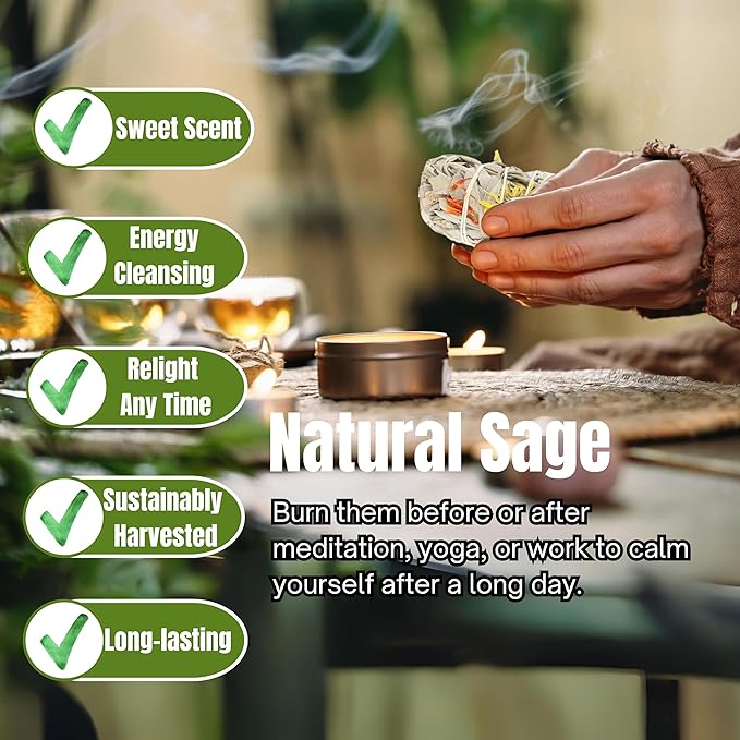 Ancient Veda Joy Organic White Sage Smudge Sticks with Flowers for Cleansing Home, Meditation, Yoga, Healing and Smudging | Sustainably Sourced California White Sage Bundles (3 Pack - 4 Inch)