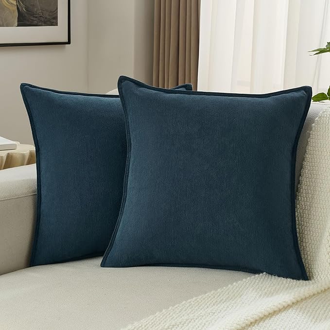 FUTEI Navy Blue Chenille Throw Pillow Covers 24x24 Inch Set of 2,Edges Double-Stitched European Cushion Cases,Modern Home Decor for Couch Living Room